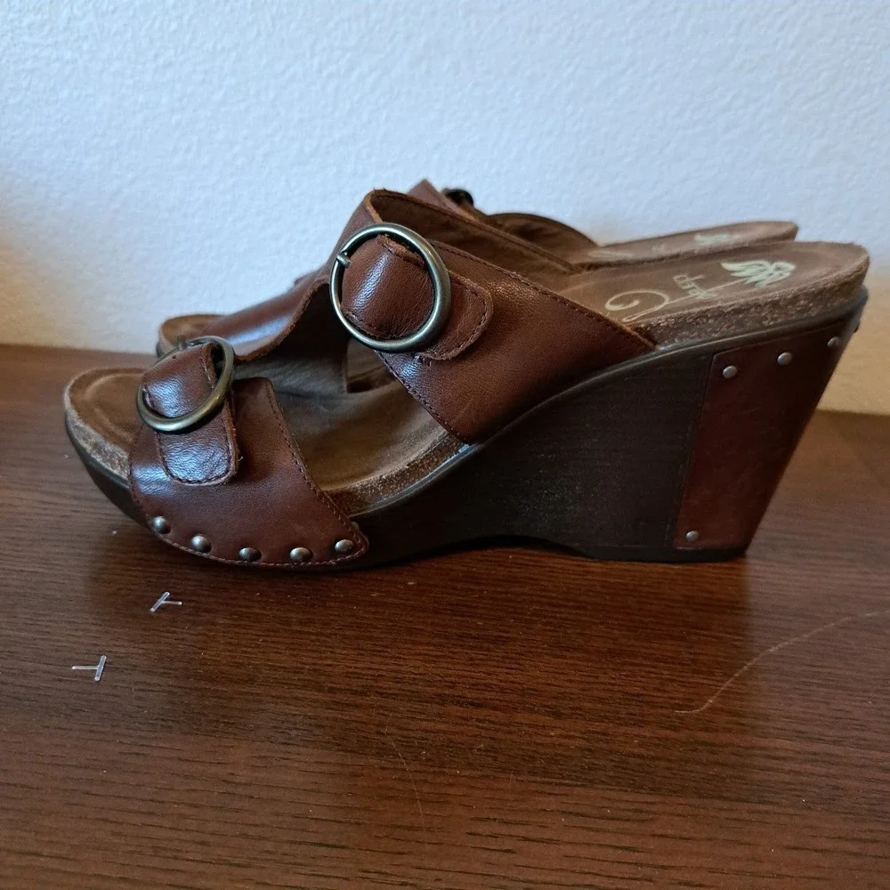 Dansko Brown Leather Double Buckle Wedge Sandals Mules Studded Womens 41